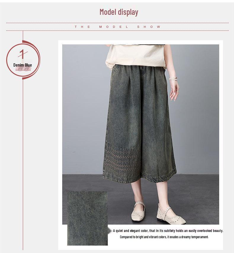 Pantaloni de damă retro brodați cu picior larg din denim cu șnur, talie înaltă, croi scurt pentru vara 2024