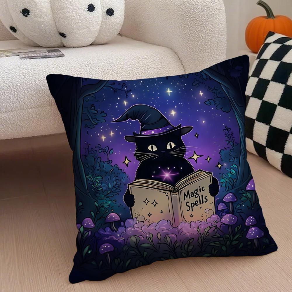 Character Spooky Halloween magic cat Cushion Cover Throw Pillow Cover Hidden Button Durable Polyester Chair Cushion