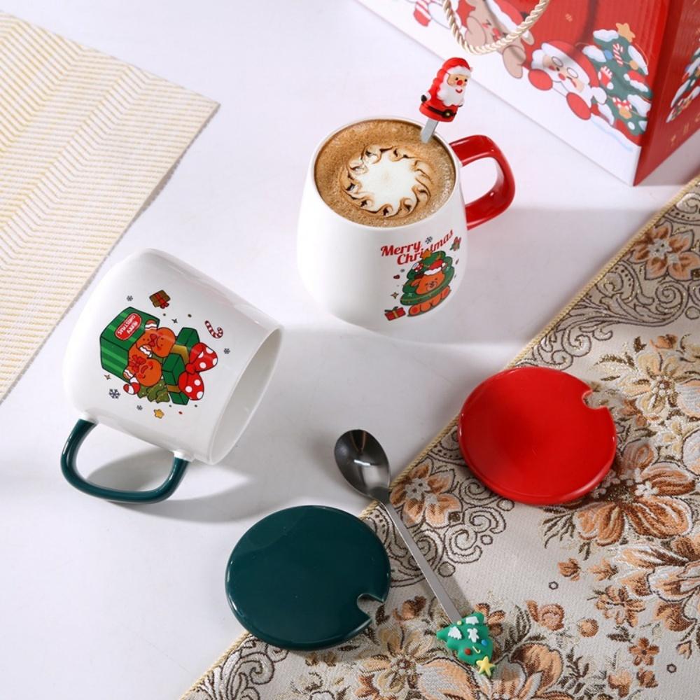 Cute Christmas Ceramic Cup with Lid and Spoon Cartoon Christmas Tree Coffee High-value Mug Souvenir Christmas Children's Gift