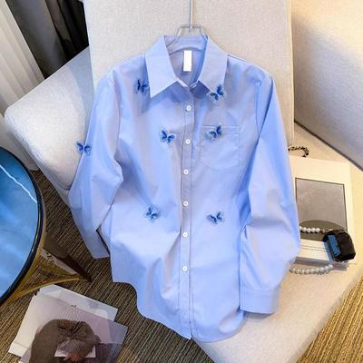Veste Chemise Papillon Tridimensionnel Bleu, Sens du Design Printemps et Automne pour Femme, Chemise Ample à Manches Longues Style Hong Kong