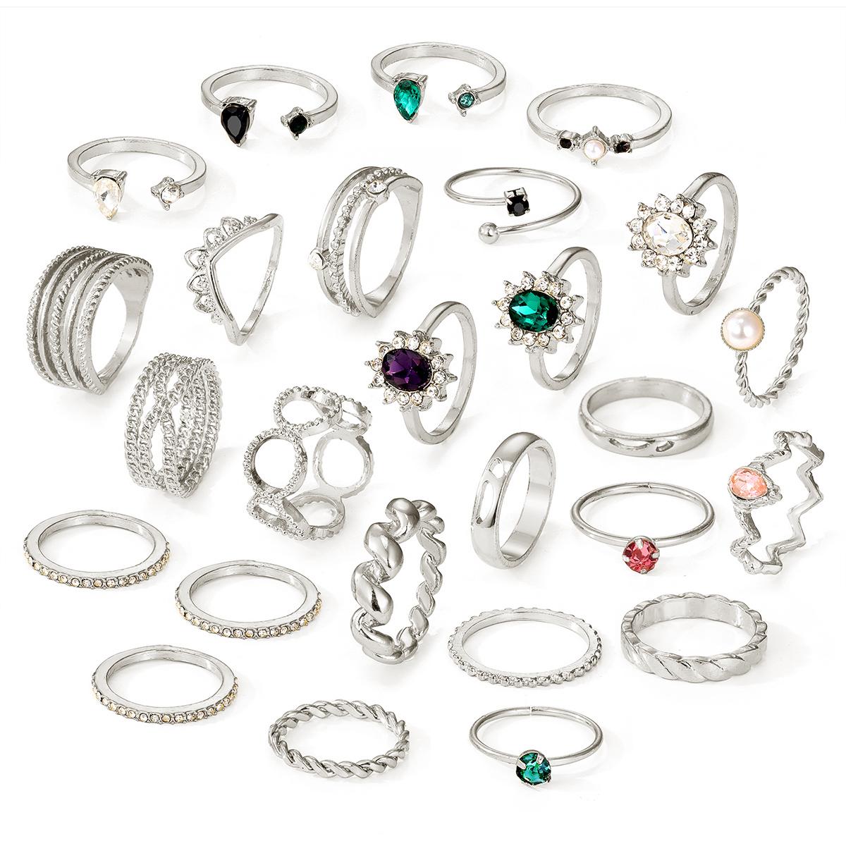 

26 шт., модные женские элегантные аксессуары, роскошные комплекты с бриллиантами и изумрудами, праздничная одежда для девочек, аксессуары, открытый многослойный набор колец, комбинированный набор серебряный