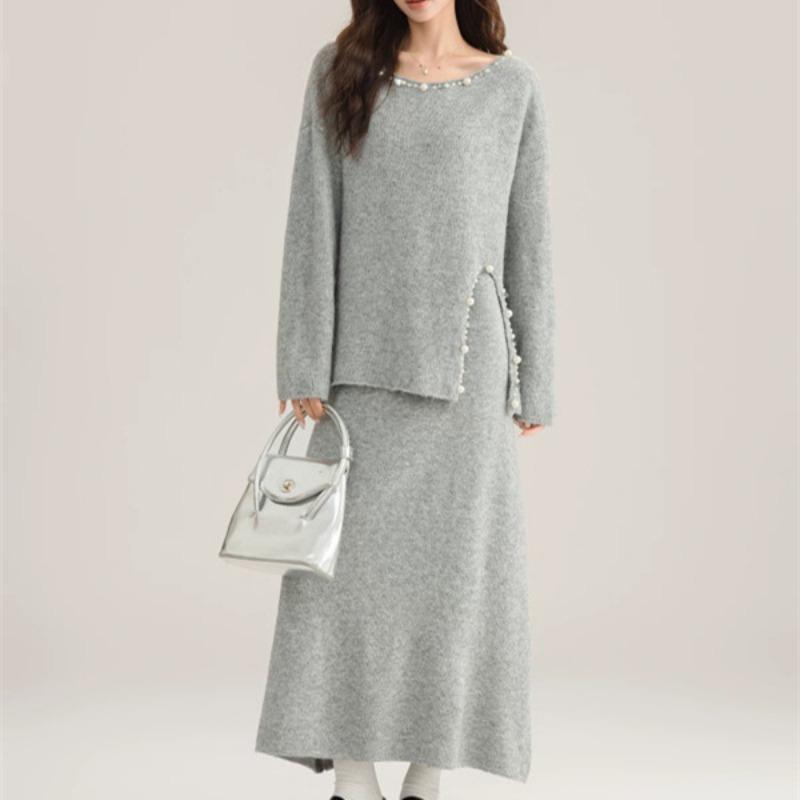 

Ленивый пуловер с разрезами по бокам, юбка, женский комплект из двух предметов, осенне-зимний, большого размера, вязаный юбочный комплект one size fits all серебряный