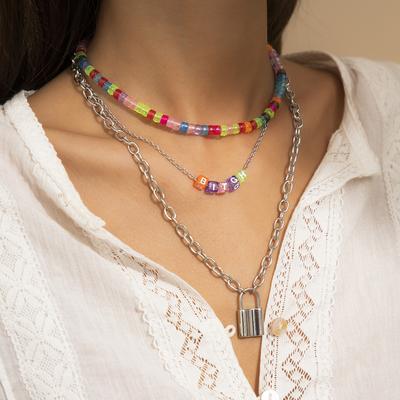 Simple Fashion Multicolor Beige Bead Letter Necklace Retro Style Lock Necklace Jewelry Gift for Women