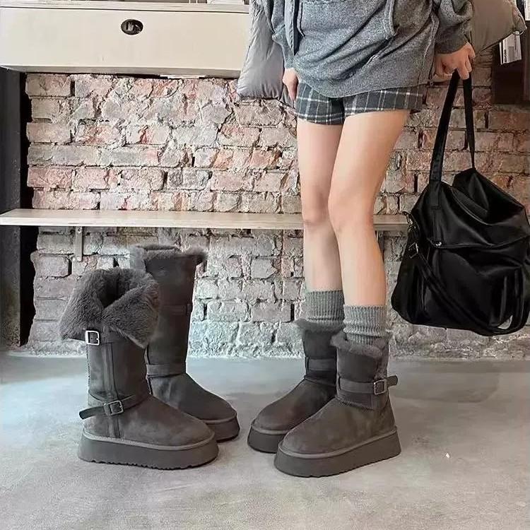 Cowhide Version~ Grey Snow Boots for Women's 2025 Winter New Thick-soled Heightened Velvet Thickened Long-tube Snow Cotton Shoes
