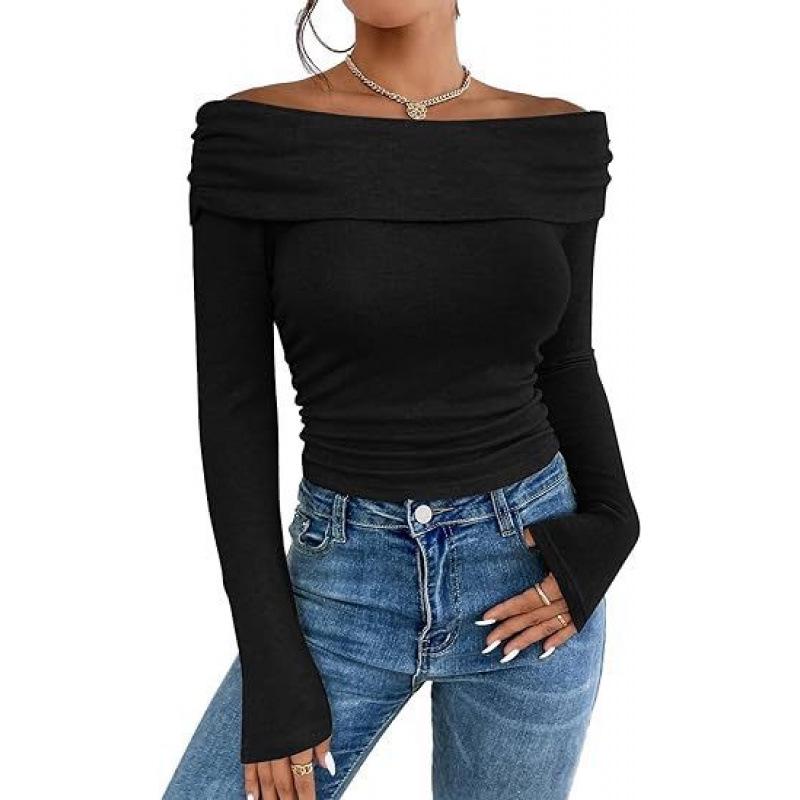 2026 European & American Sexy Off-Shoulder Slim Long-Sleeve Women's Top
