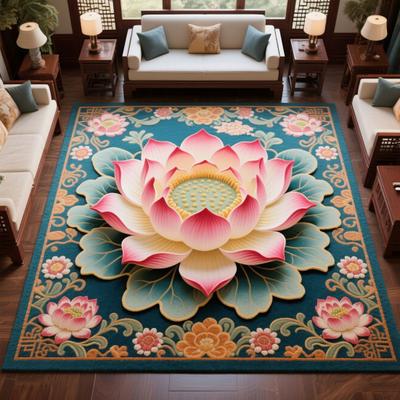 Lotus Area Rug Non-slip Washable Flower Indoor Floor Mat Chinese Style Lotus Carpet Living Room Bedroom Office Home Decoration