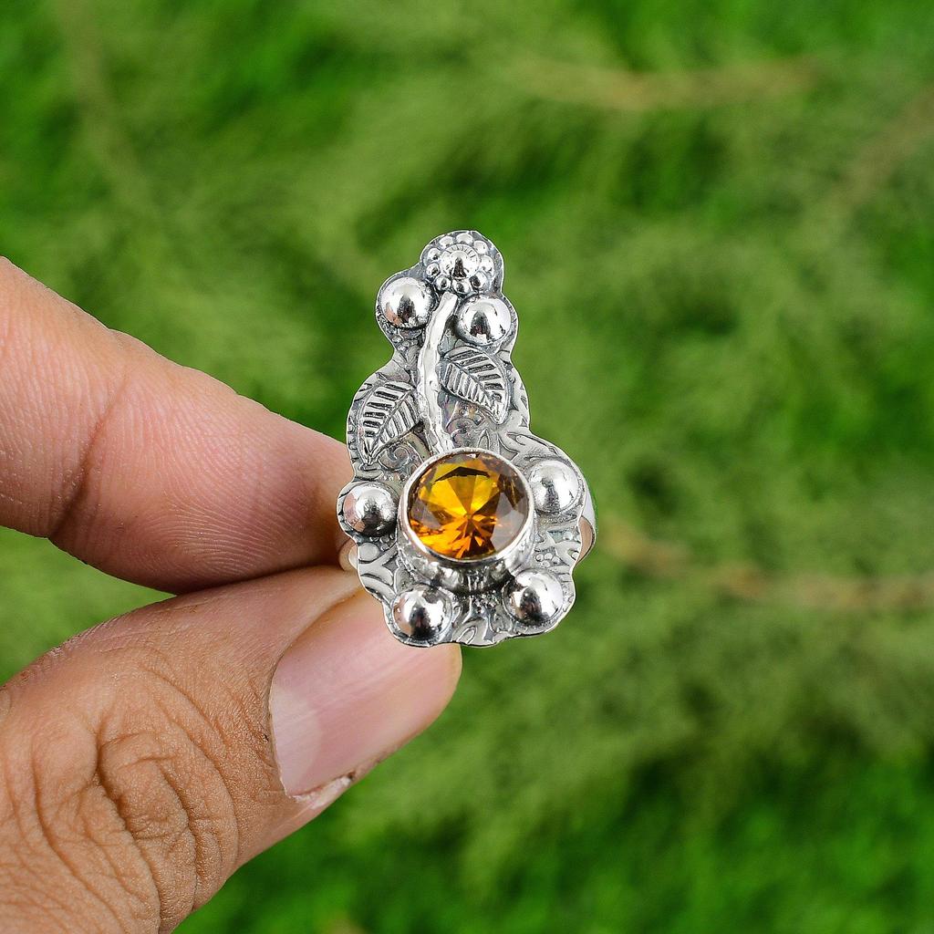 Mothers Day Sale Citrine Stone Bezel Flower Sister New Stackable Ring 925 Silver