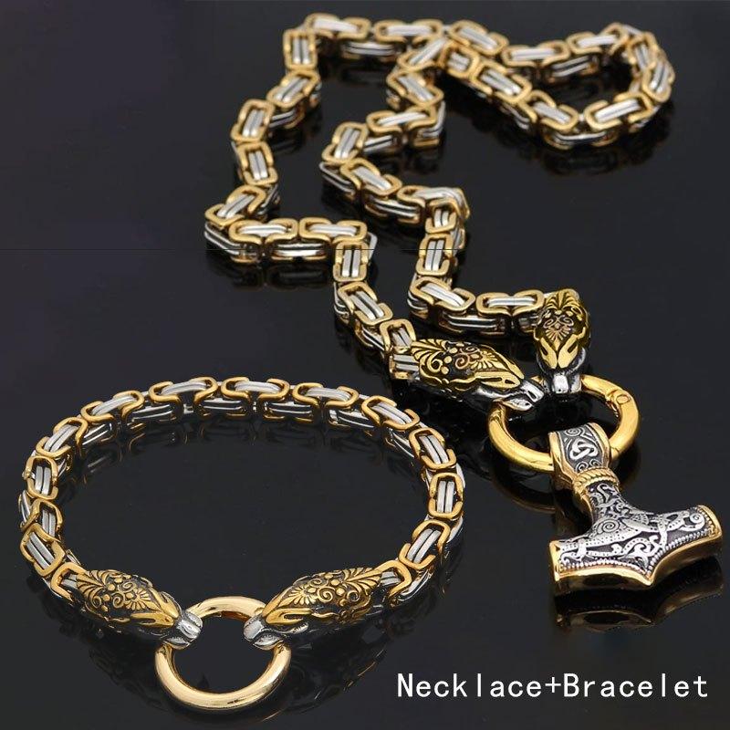 Two-piece vintage Viking wolf head amulet necklace and bracelet set for men and women, Nordic hammer pendant necklace and bracelet.
