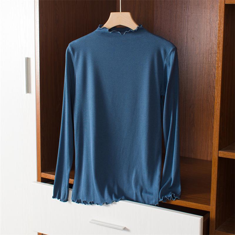 Women's Korean Style Modal Long Sleeve Base Layer T-shirt, Half-High Neck, Plus Size, Thin, Solid Color, Autumn Top