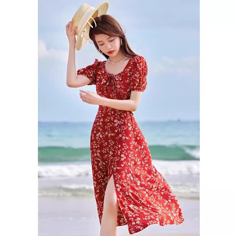 

Plus Size Floral Side Slit Summer Dress - French Square Neck Waist-Hugging Design Medium