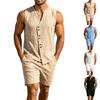Completo estivo da uomo a due pezzi: camicia senza maniche in lino con bottoni e pantaloncini casual in lino, per attività all'aperto e uso quotidiano