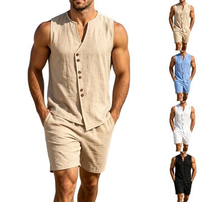 Men Linen Short Sleeve Shirt and Shorts Set Summer Casual Button Front Two Piece Outfits Lightweight Breathable Fabric