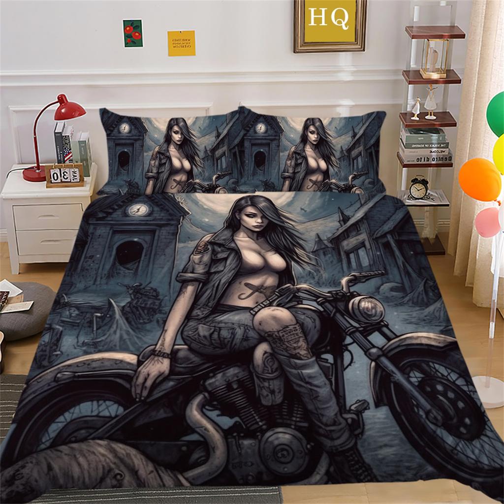 3D Dark Beauty Motorcycle Printed Bedding Set Beauty Skull Head Duvet Cover 2/3 Pieces AU180 * 210 Super Big Bed Room Quick Drying Home Decoration