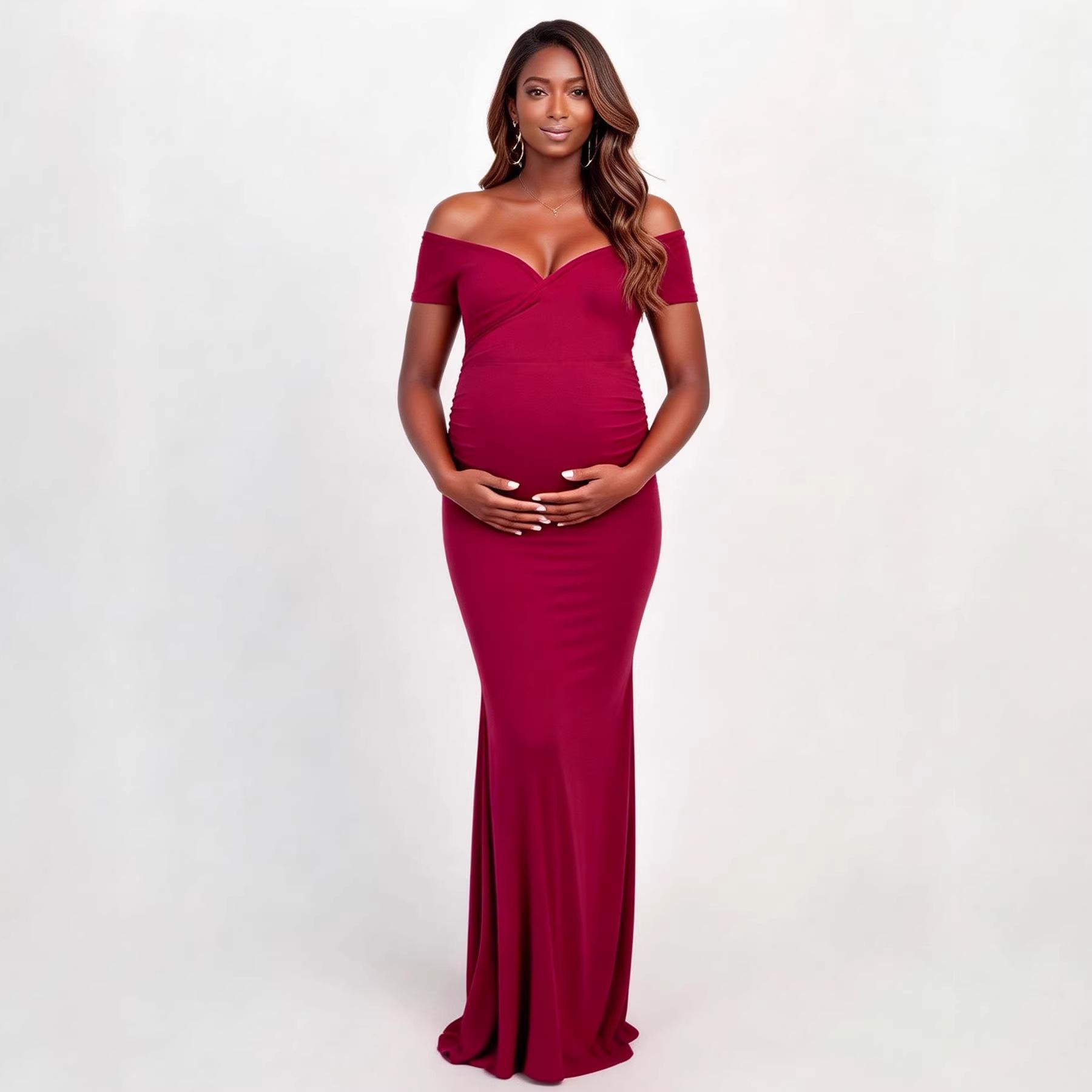 

Elegant Off-Shoulder V-Neck Maternity Mermaid Gown—Perfect for Dates & Banquets Small бордовый