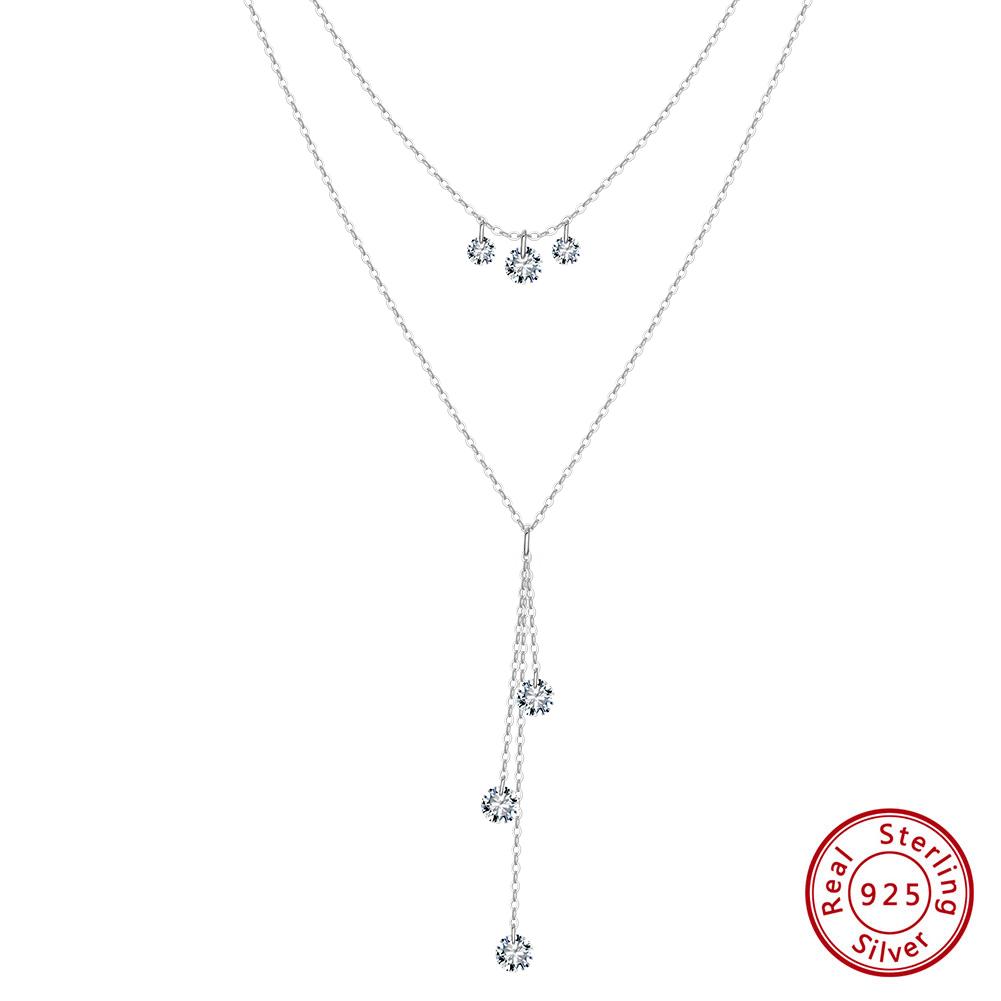 BQN20 Tassel Zirconia Pendant Bohemian Double Layer 925 Sterling Silver Stacking Choker Necklace