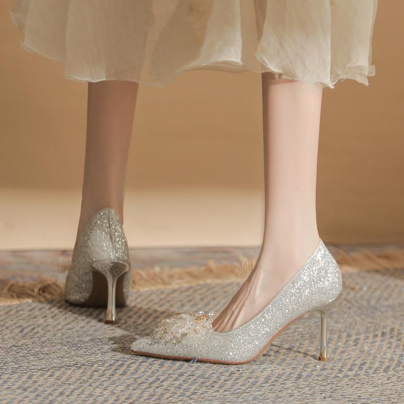 High heels are not tired of feet, silk sequins, flower shoes, thin heels, women's shoes, versatile pointed single shoes, sandals, women's summer