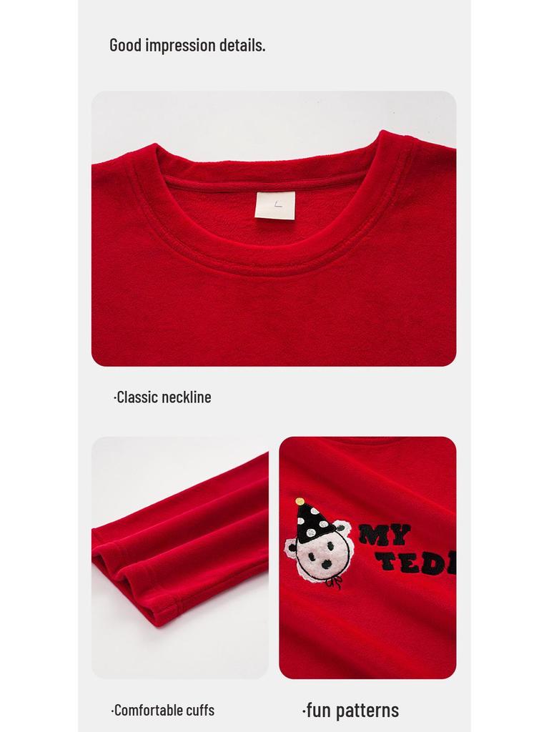 Women's Christmas Red Velvet Teddy Bear Pajamas - Warm, Breathable, Casual Coral Fleece Homewear for Autumn, Winter, Spring