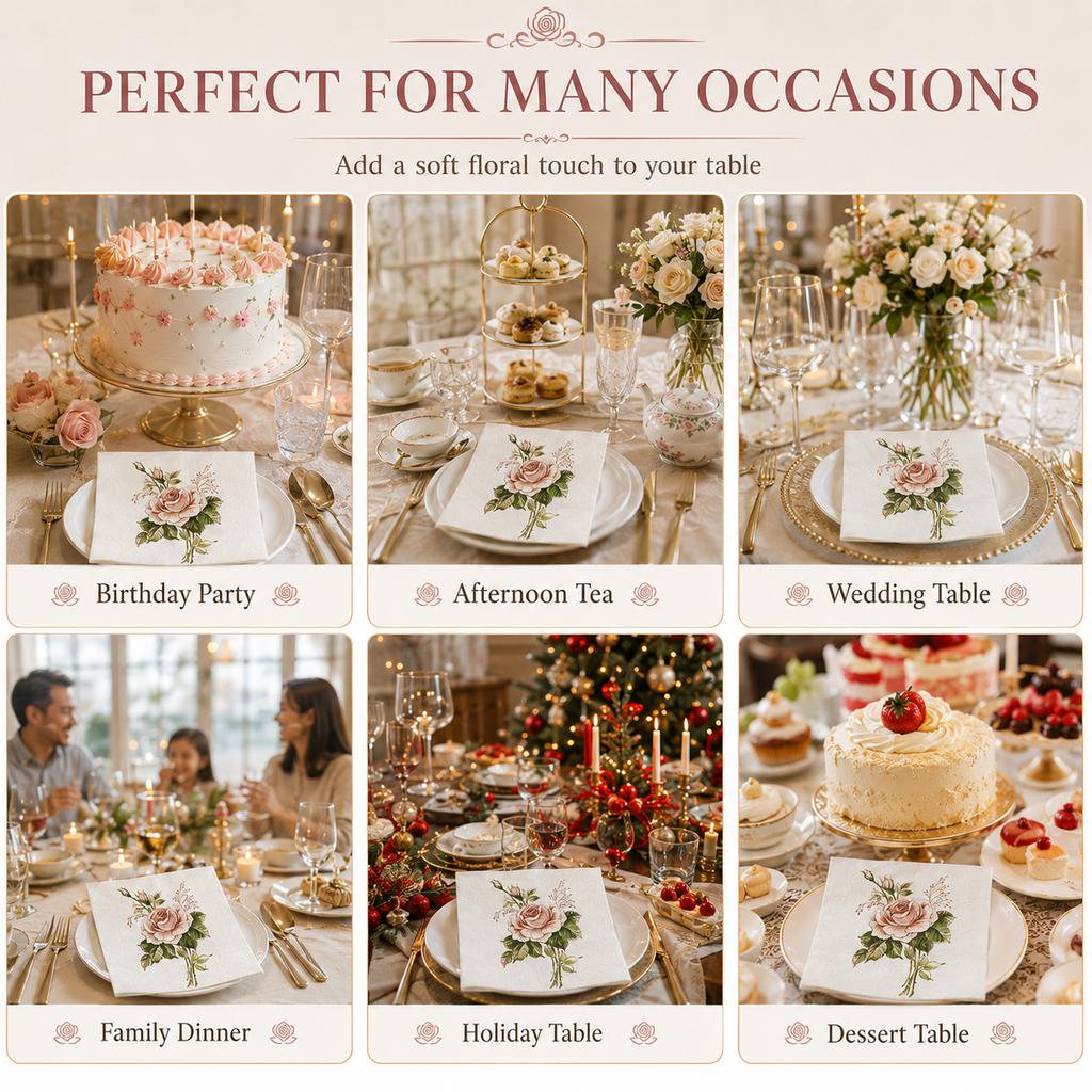 Vintage Rose Floral Paper Napkins 20Pcs 2-Ply Table Napkins for Party Wedding Tea Time Decor