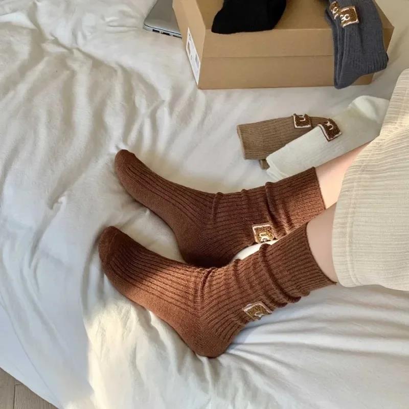 1Pair Winter Solid  Velvet Thickened Pile Socks Multicolored Embroidered Logo Warm Mid-Calf Length Socks Casual Cotton Socks