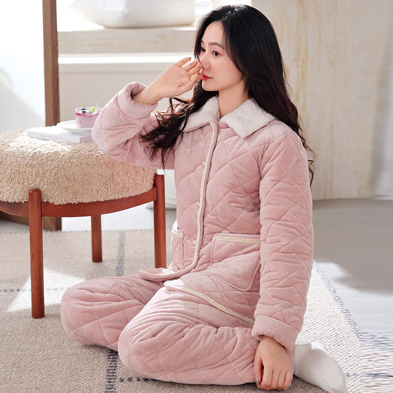 Winter padded pajamas women's three-layer thickened coral fleece padded jacket autumn and winter flannel loungewear warm suit
