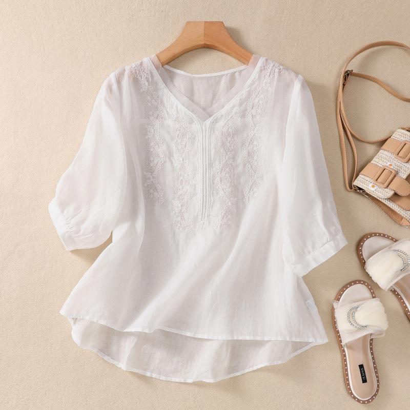 

Винтажная хлопковая блузка летняя женская одежда мода вышитые повседневные блузки с V-образным вырезом и рукавами M белый