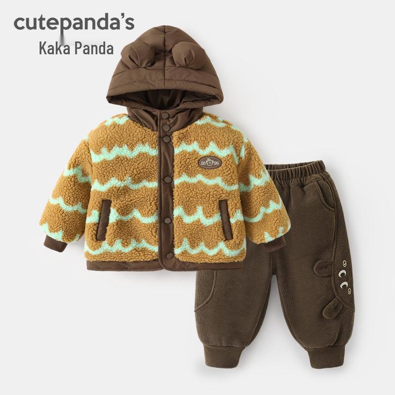 Kaka Panda Baby Fleece-Lined Hooded Jacket & Pants Set - Infant Winter Warm Clothing 80 cm