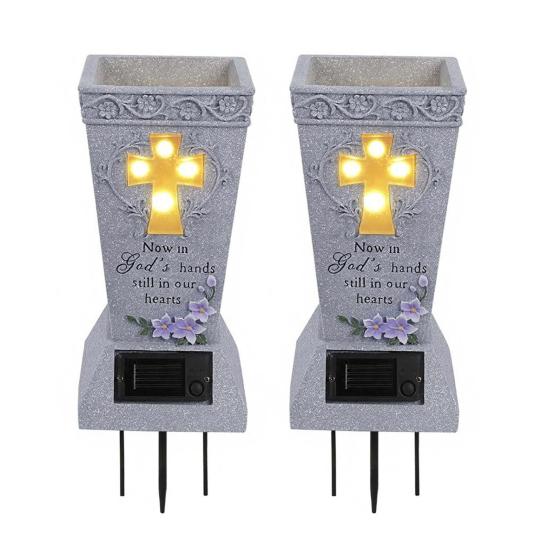 Solar Cemetery Vase with LED for Gravestone Outdoor Artificial Fresh Flower Holder Headstone