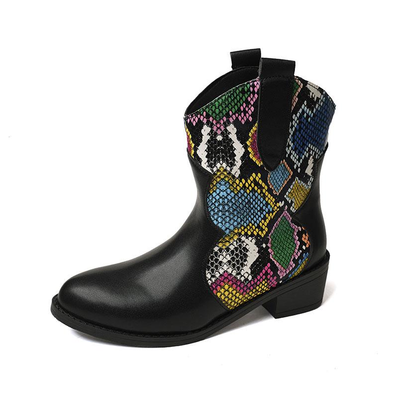 Mode Trend Patchwork Schlangenmuster Damenstiefel PU Leder Schlupfstiefeletten Neu 2024 Herbst Winter Damen Kurze Stiefel