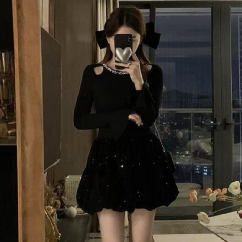 Autumn New Knitted Dress Women's Shoulder Long-sleeved Small Black Dress