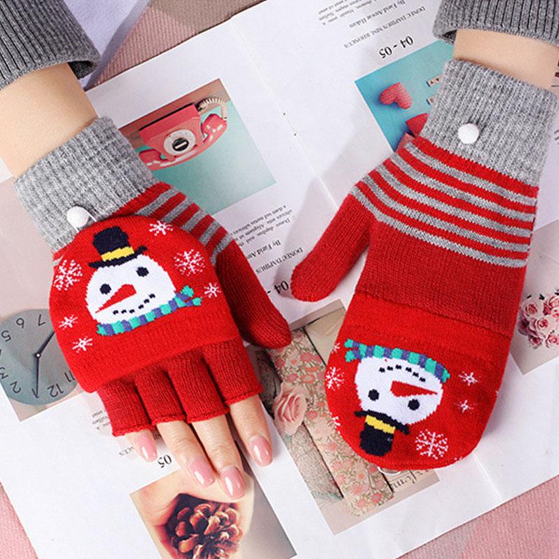 Gants à rabat crochetés Hiver Femmes Gants chauds demi-doigts Épais Garder au chaud Gants sans doigts Noël Gants tricotés Doux