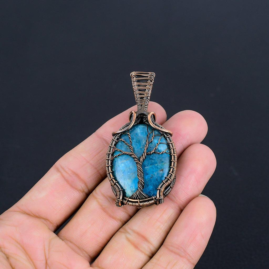 Neon Blue Apatite Gemstone Pendant 999 Copper Wire Wrapped Jewelry, Handmade Antique Pendant Jewelry, Gift For Mother