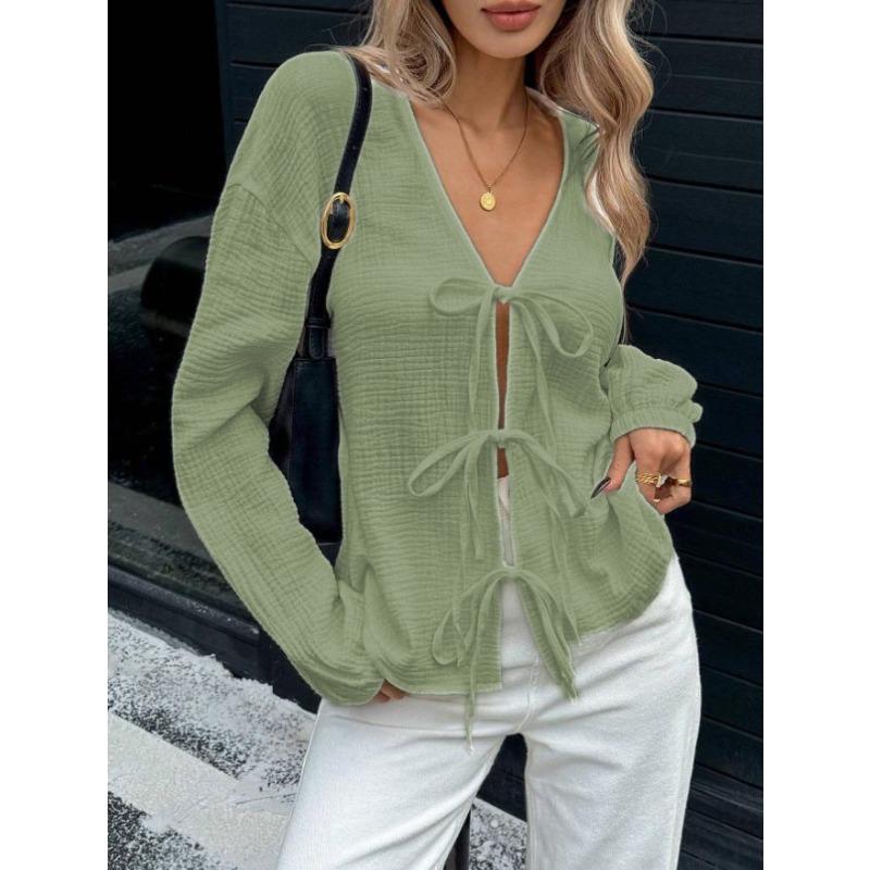 IHUASU Women's Fashion Casual Solid Color Print Long Sleeve V-Neck Blouses & Shirts