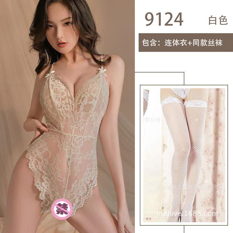 Sexy Lingerie One-piece Lace Temptation Hot Hollow Perspective Open File Free Onesie Women