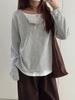 Women's Early Autumn Striped Faux Two-Piece Long-Sleeve T-Shirt - Korean Style Loose Fit