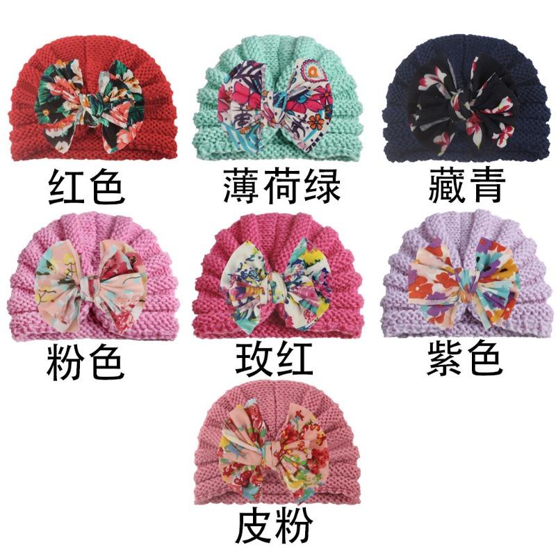

New baby printed bow hat, children s autumn and winter warm knitted hat, baby hat