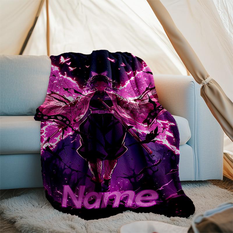 Personalized Custom Name Blanket - Demon Slayer Shinobu Kocho Print Design,Blanket for Sofa,Bed,Travel,Camping - Soft and Warm, Great Gift