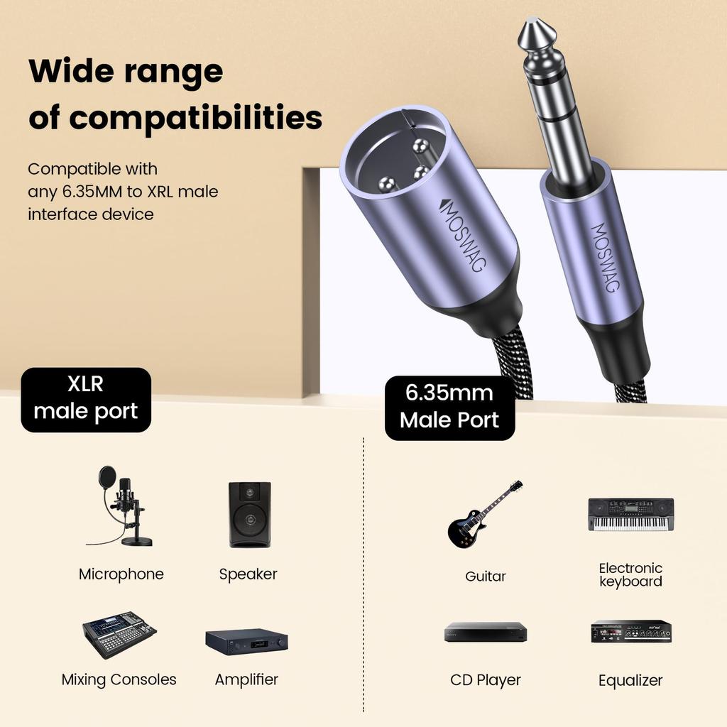 MOSWAG XLR Male To XLR Male To Jack Male Audio Male To Microphone XLR Male Cable for Electric 6.35mm Cable, 6.35mm Cable, 6.35mm Guitar, Piano,
