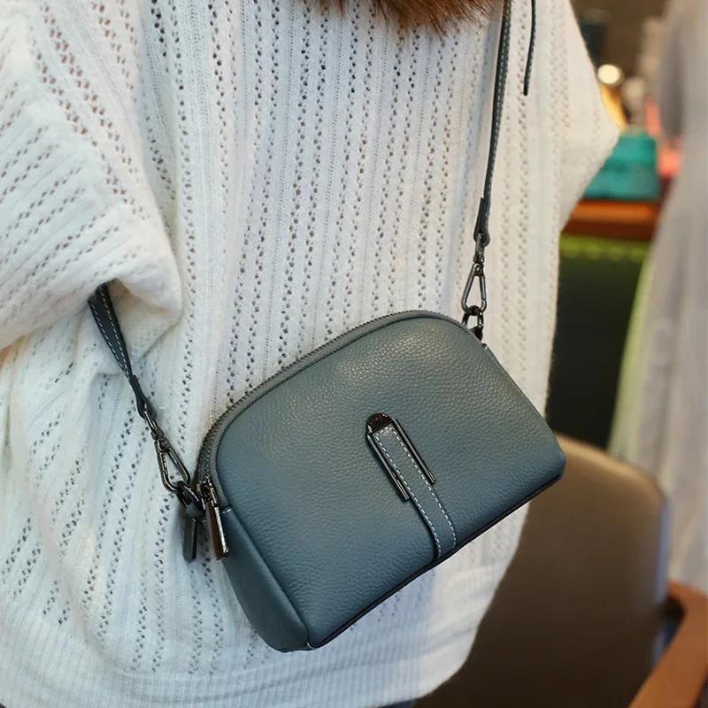Genuine Cowhide Leather Crossbody Small Bag for Women - Compact Phe Purse, Adjustable Shoulder Strap, Summer Lightweight Bag