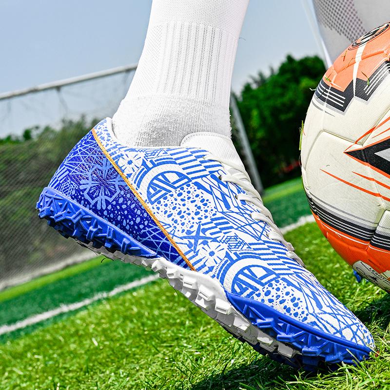 Botas de Fútbol Azul y Blanco para Hombre/Mujer Suela Blanda de Goma Clavo Corto Césped Artificial Zapatos de Fútbol Juvenil