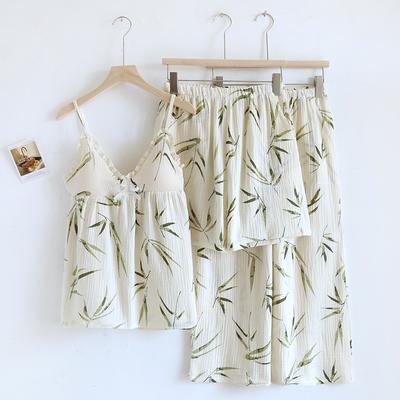 2026 Summer New Women's Pajama Set 100% Pure Cotton Crepe Sling+Shorts+Crop Pants Three Piece Set with Chest Cushion Home Fury