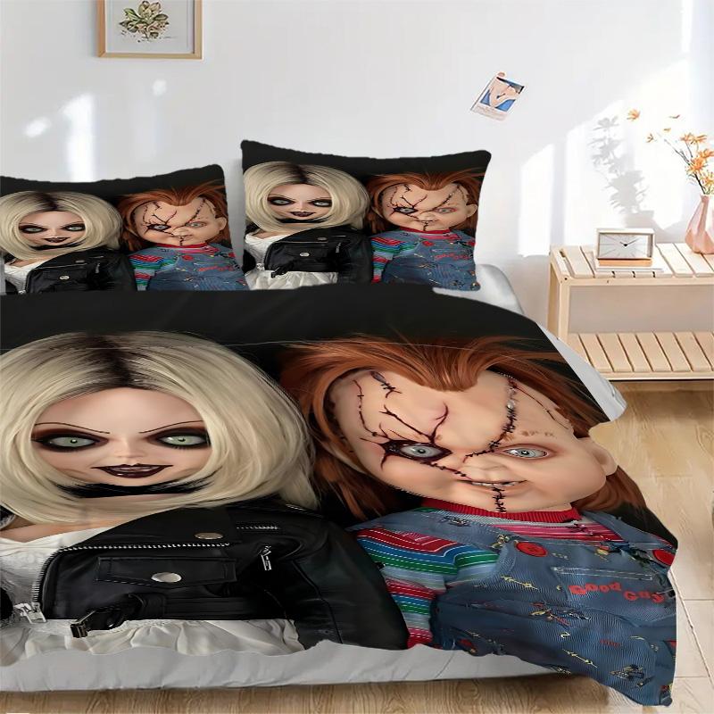 Horror-Puppen Halloween-Print 3-teiliges Bettwäsche-Set Bettbezug mit 2 Kissenbezügen Heim-Geburtstagsgeschenk