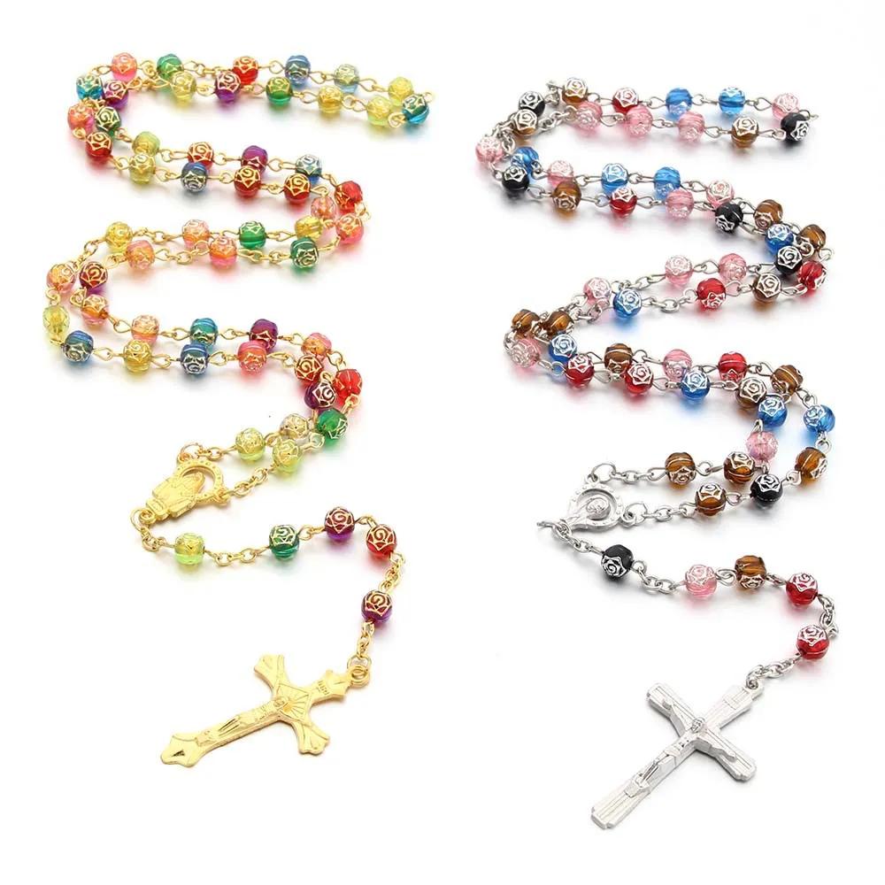 6MM Acrylic Rosary Necklaces For Women Men Rose Beads Long Chain Crucifix Cross Pendant Religious Praye Jewelry
