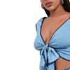 European and American sexy bow deep v-neck chest strap open button short T-shirt short top long sleeve knitted sweater women's clothing