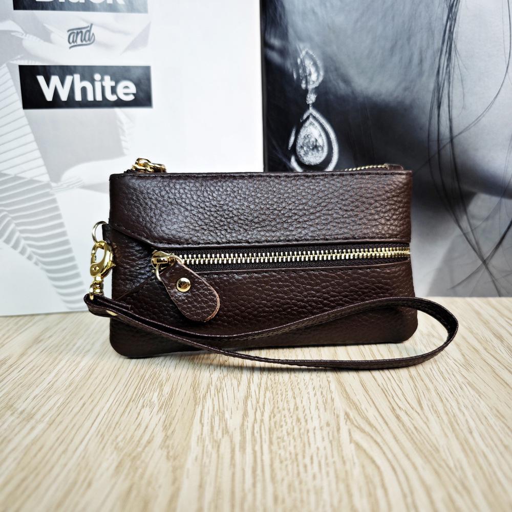 Top-Grain Cowhide Leather Wristlet: Key Pouch, Coin Purse, Card Holder, Wear-Resistant Multifunctional Small Handbag.