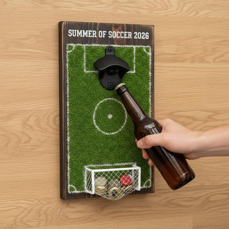 Soccer Field Bottle Opener Wall Decor, Magnetic Wall Mounted Beer Bottle Opener With Cap Catcher, Wooden Soccer Field Sign