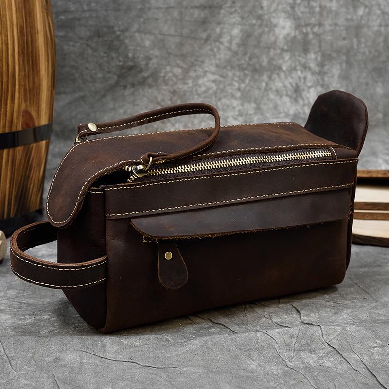 New Men's Crazy Horse Leather Handbag Multi Functional Genuine Leather Toilet Bag Large Capacity Women's Storage Bag