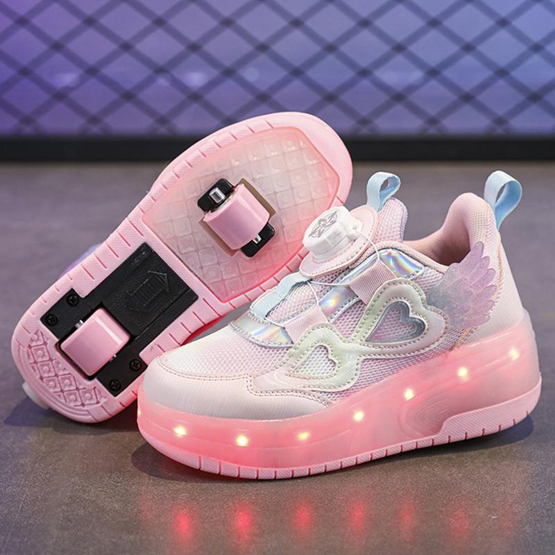 Kids Double Wheel Roller Skates Rotating Buckle Breathable Fabric Student Sports Shoes Charging Led Light Up Walk Shoes 35