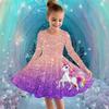 Mädchen Freizeitkleid mit 3D-Einhorn-Print, Rundhalsausschnitt, lange Ärmel, Kinder Prinzessinenkleid