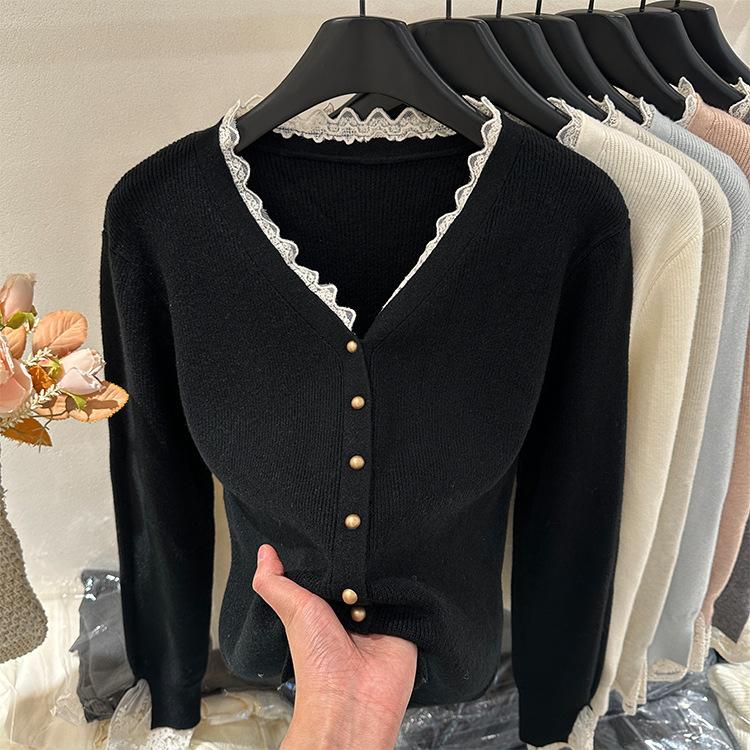 V-neck sweater cardigan women's spring and autumn soft waxy high-end versatile top small fragrant lace splicing knitted jacket
