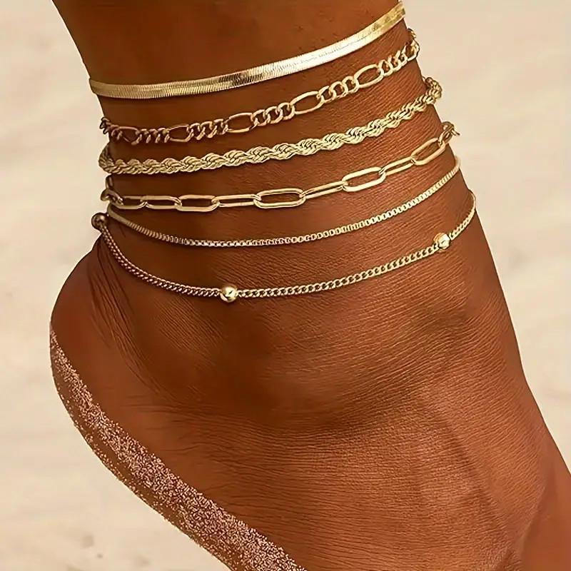 Trendy 6-Piece Women's Anklet Set: European & American Style, Multi-Layer Snake Chain Design